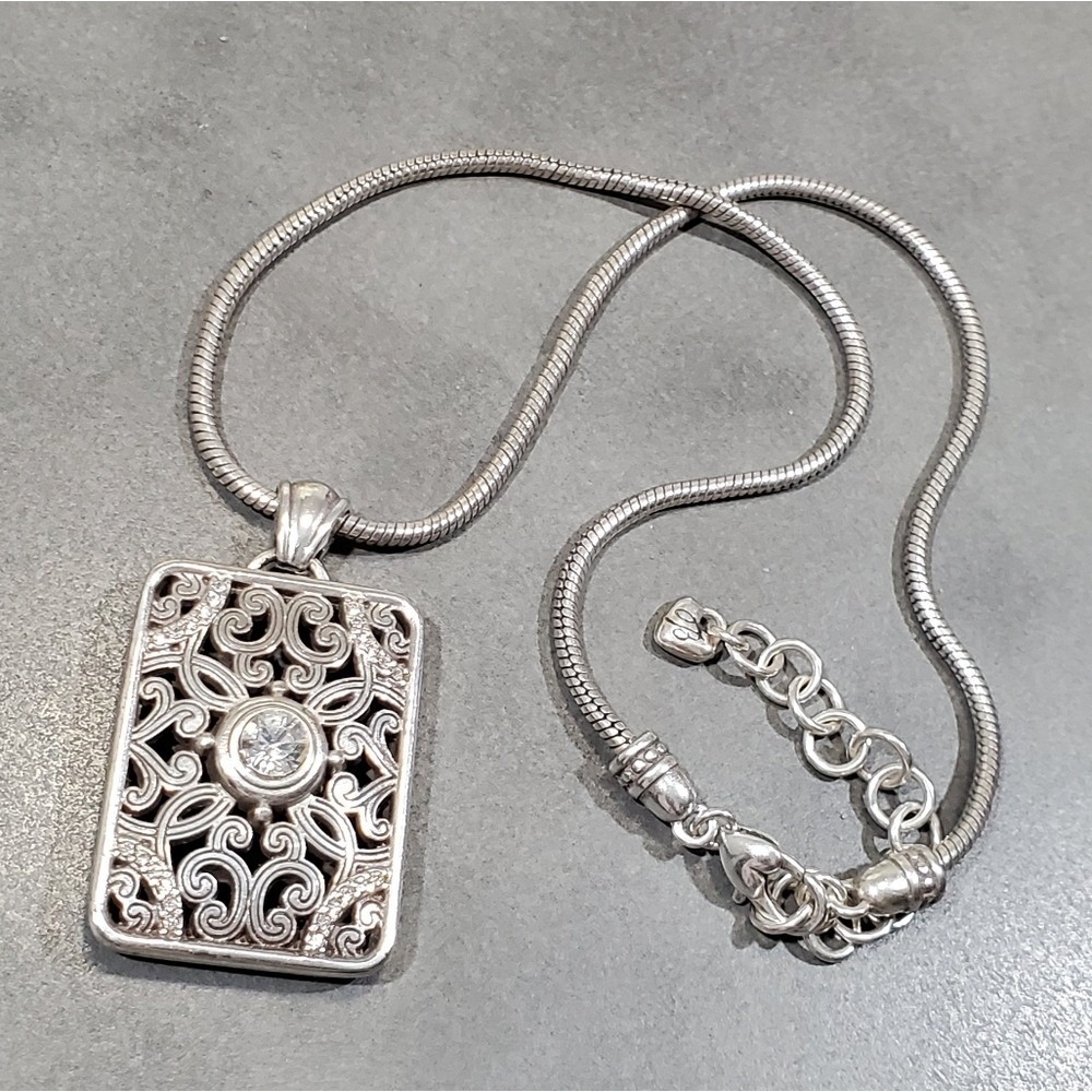 Brighton Silver Scrollwork Filigree Rectangle Crystal Pendant Snake Necklace